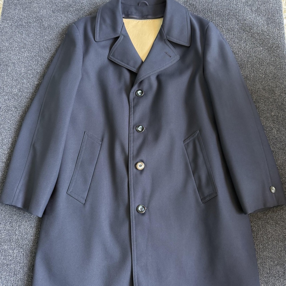 Vintage Sears Coat Mens 42 Blue Polyester Overcoat Button Lined Winter Warm